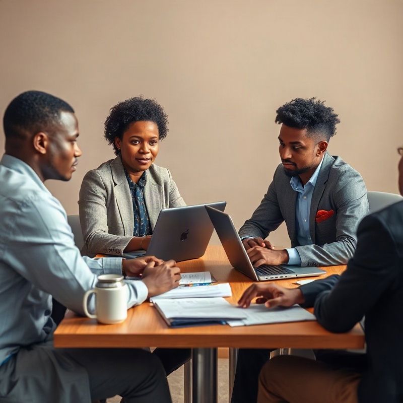 Small team gathered around a conference table with laptops and printed playbooks