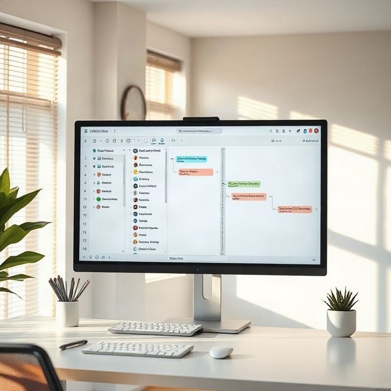 Kanban-style workflow board on a large monitor in a modern workspace